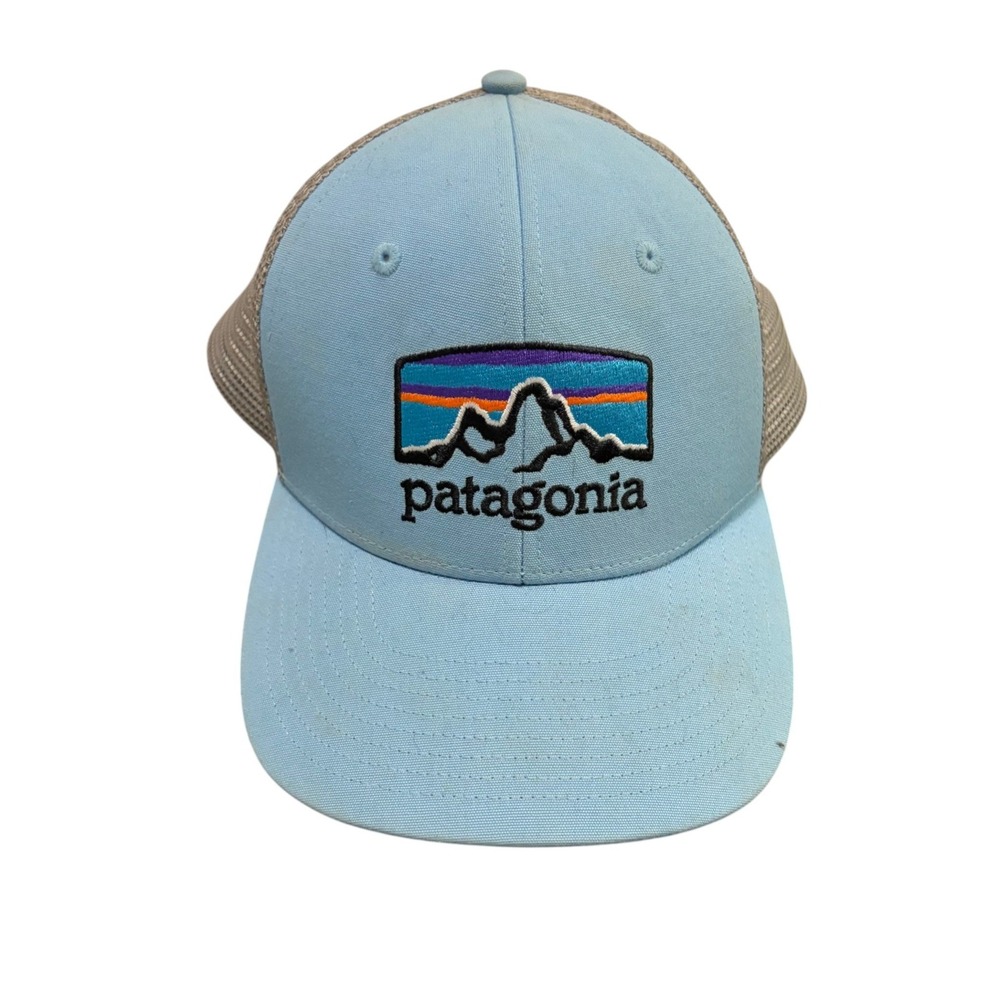 Patagonia P-6 Logo Trucker Hat Mens Blue Tan Mesh Snapback Adjustable Hiking Cap